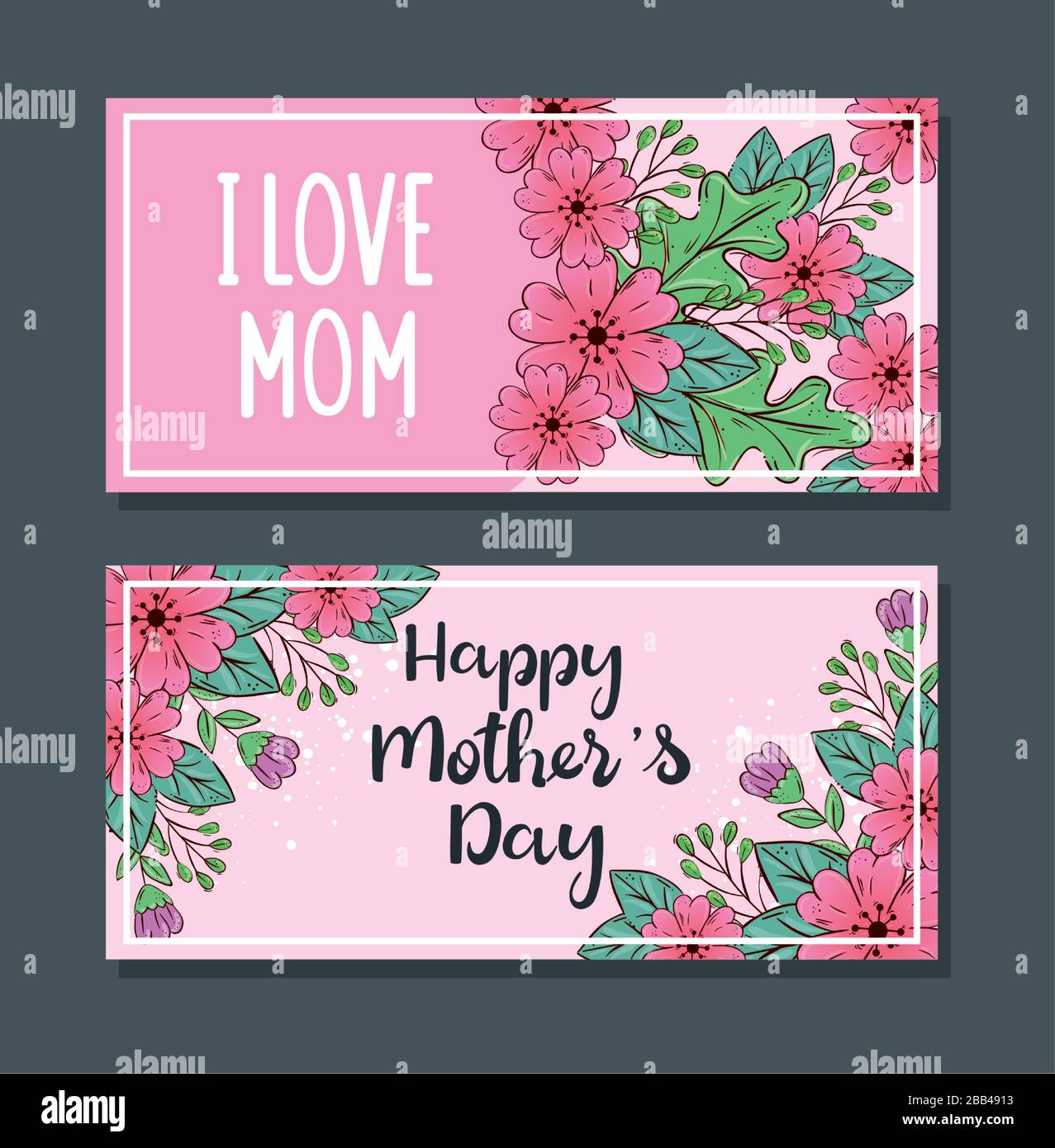 set of happy mother day cards with flowers and leafs decoration Stock ...