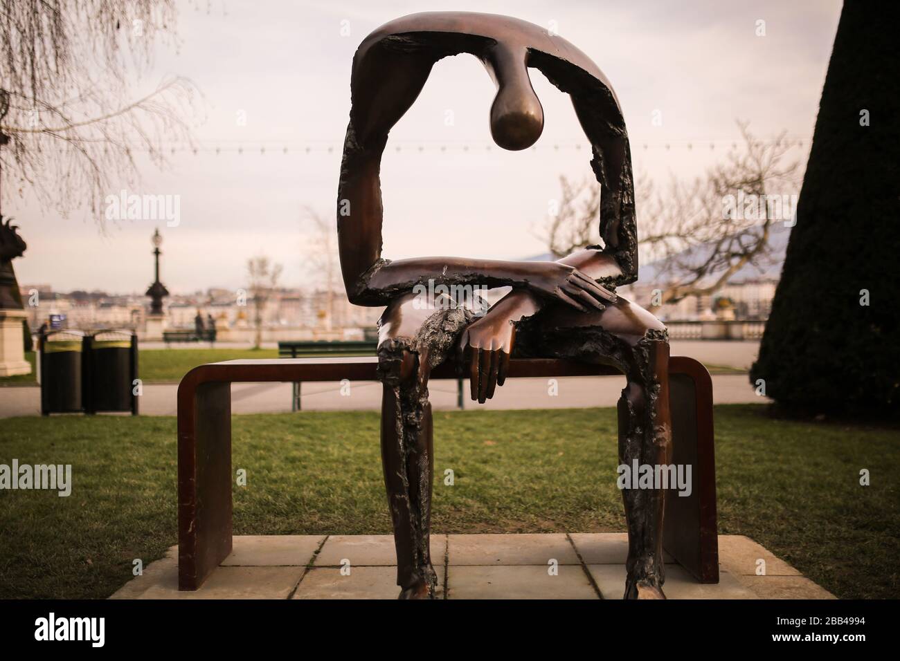 Melancholy Sculpture by Albert György in Lake Geneva, Switzerland Stock Photo