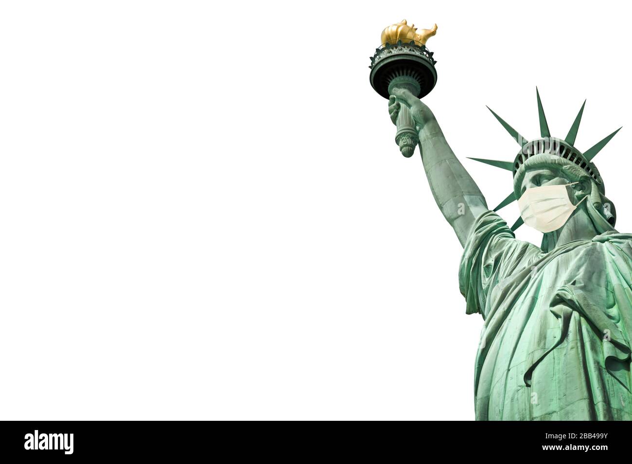 Statue of Liberty wearing a surgical mask isolated on white background. New coronavirus, covid-19 in New York and USA epidemic crisis concept Stock Photo