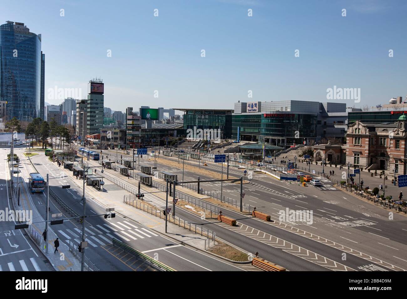 Seoul, Korea-March 29, 2020 : It is a quiet  street around Seoul Station according to the social distancing advisory due to the corona virus pandemic Stock Photo