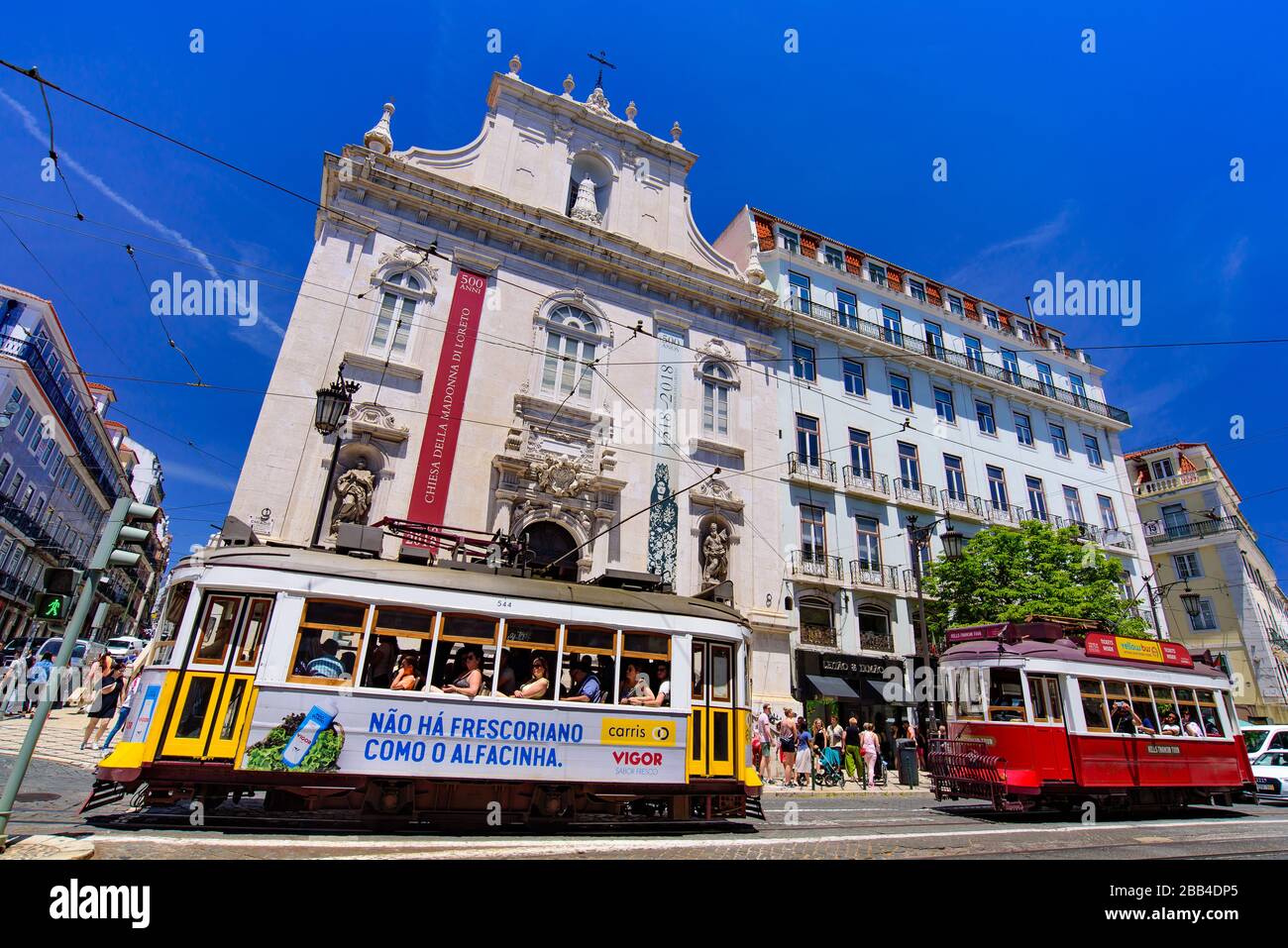 Tram running on the street in Lisbon, Portugal Stock Photo