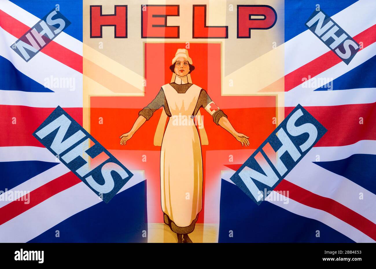 Image of nurse and NHS (National Health Service) logo blended with UK Union Jack flag. Nurse, Nurses shortage, NHS funding, Coronavirus... Concept Stock Photo