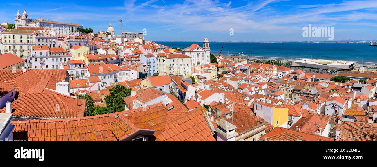 Panorama of the city & Tagus River from Miradouro de Santa Luzia, an observation deck in Lisbon, Portugal Stock Photo