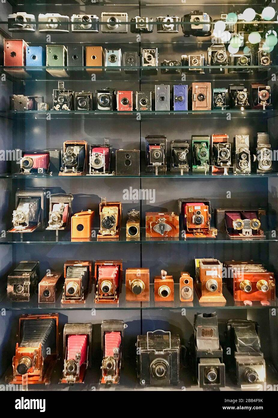 Collection of historic cameras shown in the Photographic Department of the Victoria and Albert Museum in London. Stock Photo