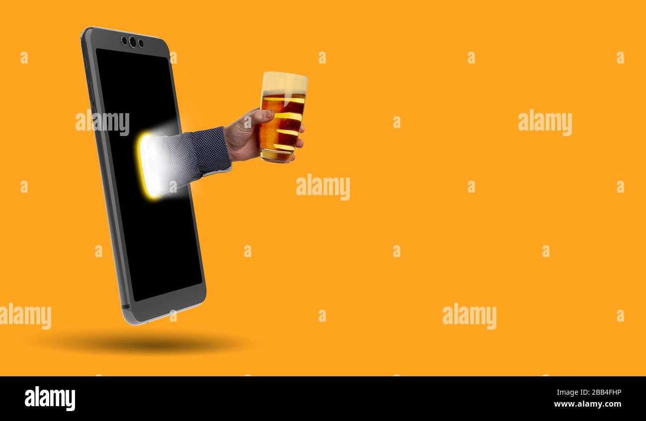 smartphone, hand and beer - real picture and 3D rendering Stock Photo