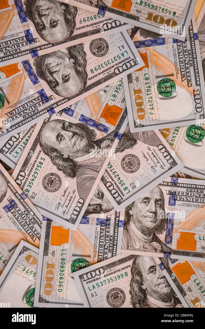 One hundred dollar bills as a wallpaper, Background of american one hundred dollar bills Stock Photo