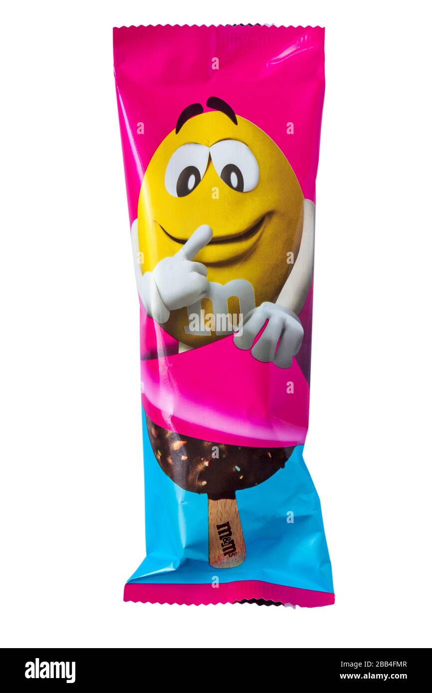 strawberry flavoured M&Ms ice cream strawberry flavour ice cream with a coating of cocoa and M&Ms chocolate chips isolated on white background Stock Photo