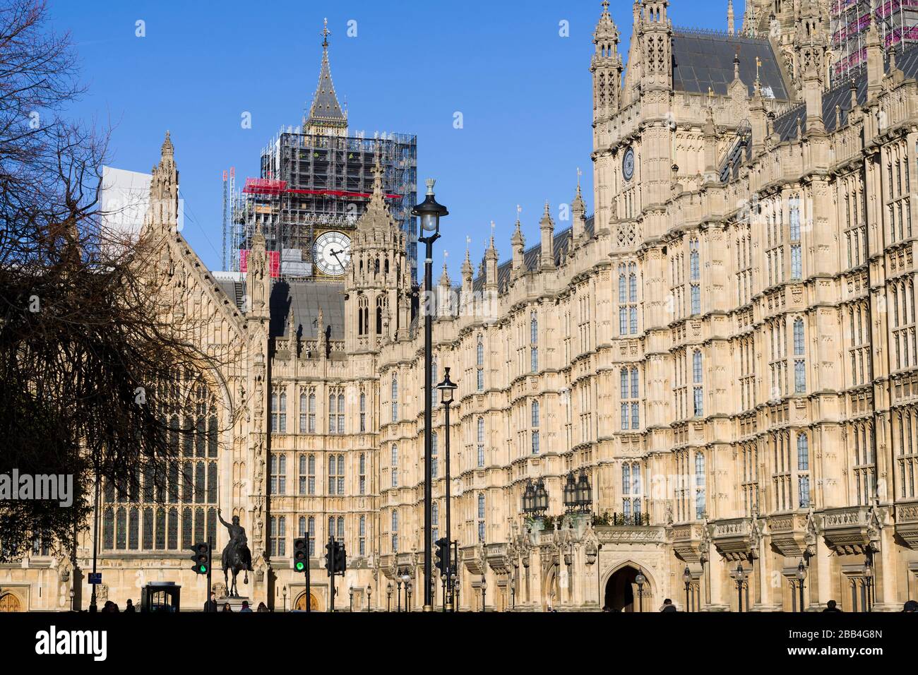 The Palace of Westminster is the meeting place of the House of Commons and the House of Lords, the two houses of the Parliament of the United Kingdom. Stock Photo