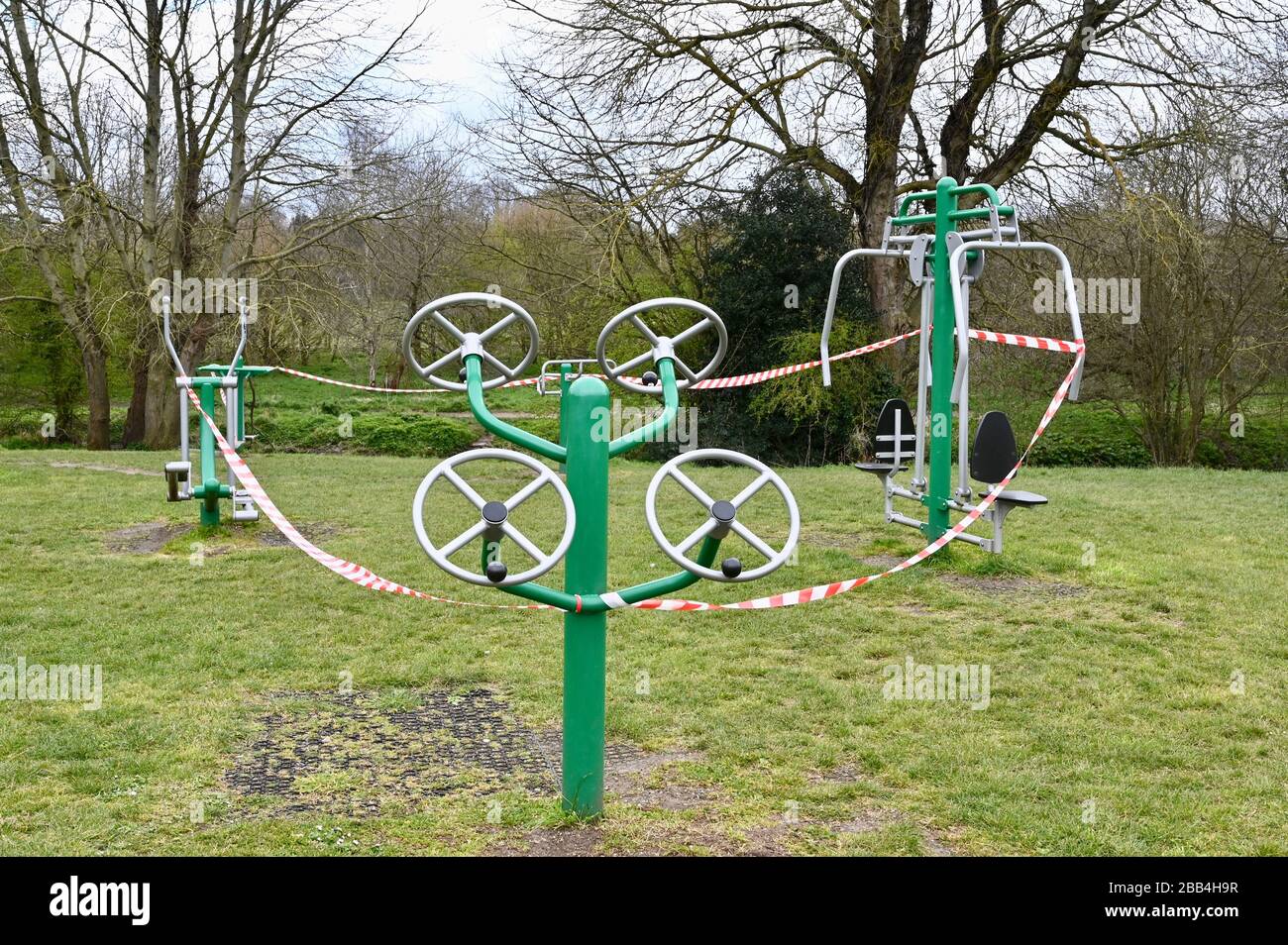 Outdoor gym equipment taped off. Playground Closure due to Coronavirus