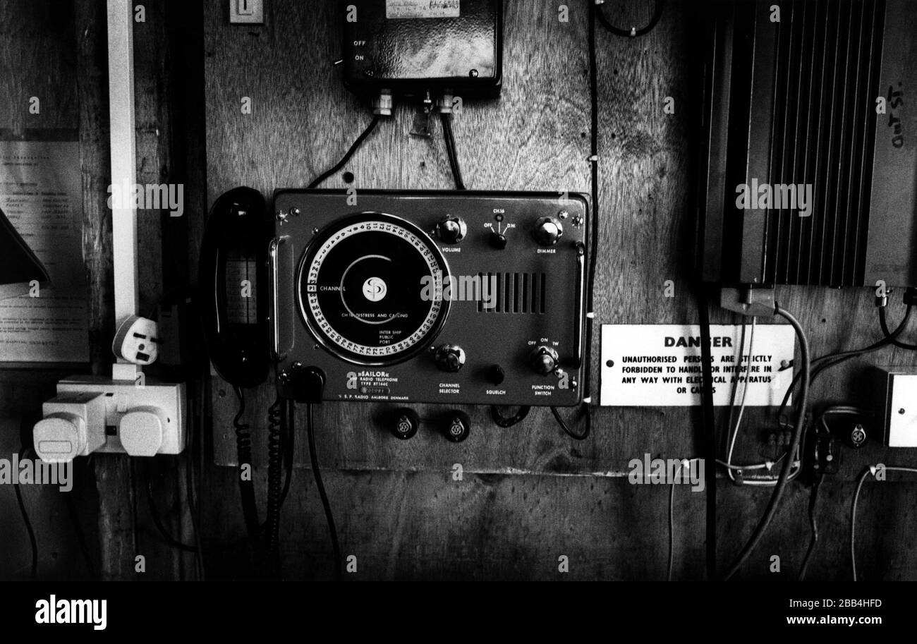 Communication equipment at the lighthouse at Hyskeir, eight miles from Rum in the Inner Hebrides, during the last days before the light was automated by the Northern Lighthouse Board. The lighthouse was one of the last in Scotland to be automated. The lighthouse was one of the last in Scotland to be automated and was built in 1903 on designs by David and Charles Stevenson. Stock Photo