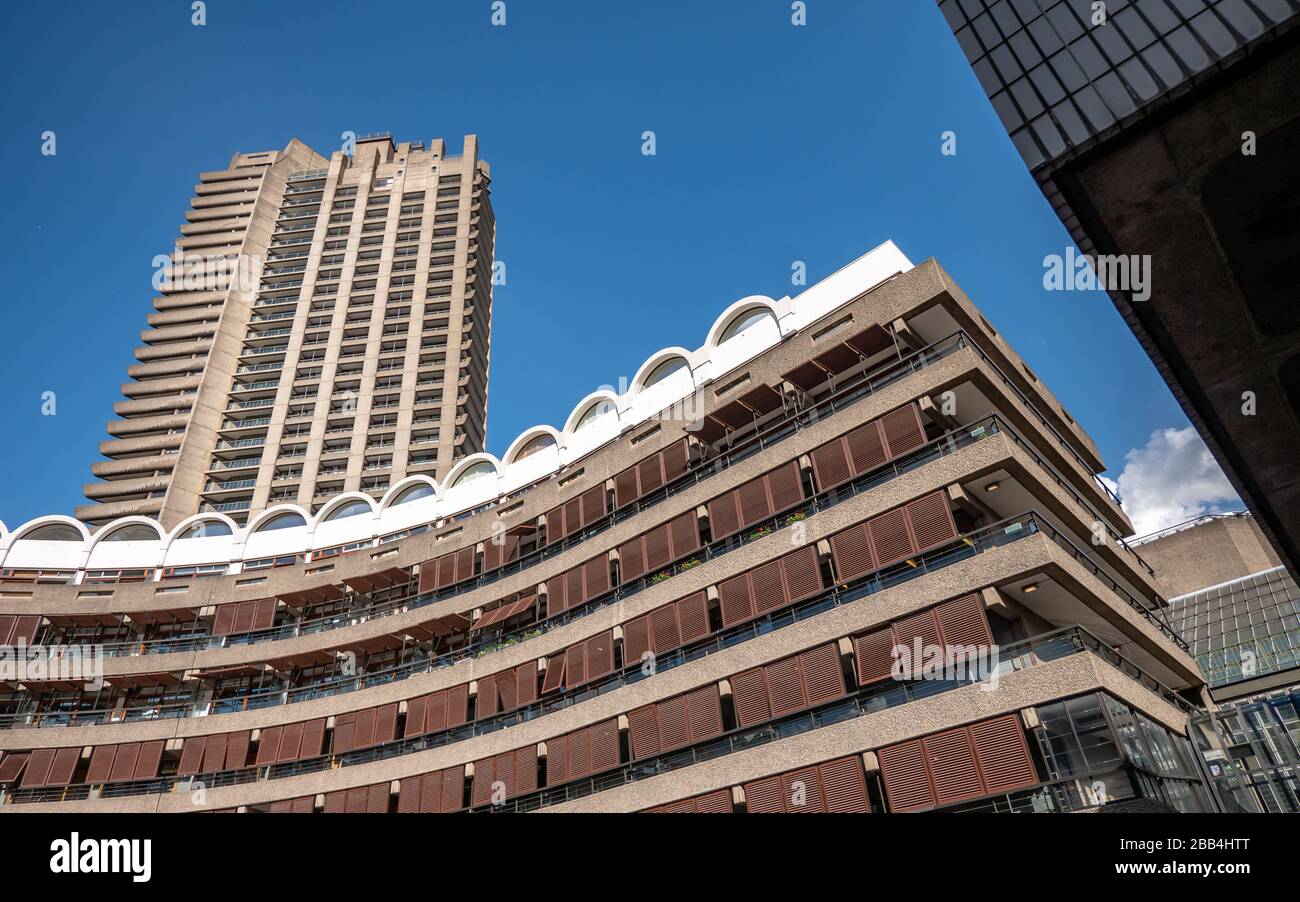 The Barbican Estate, London. The Brutalist concrete architecture of a residential and cultural district in the heart of the City of London. Stock Photo