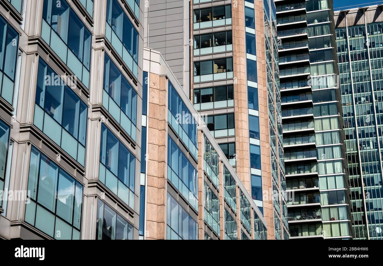 London City Skyscrapers. Full frame view of the crowded glass and steel architecture of the financial district of The City of London. Stock Photo