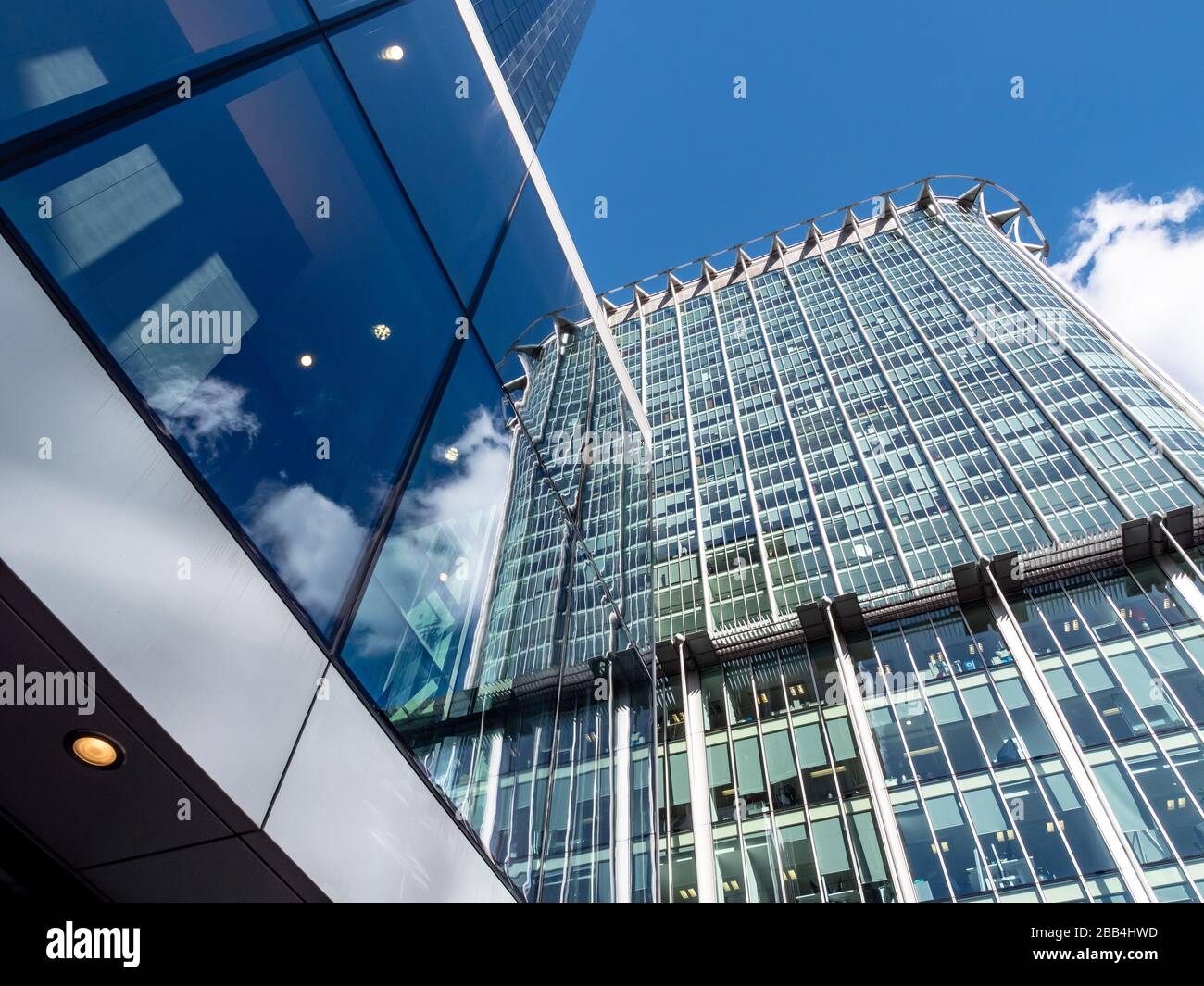 London skyscrapers. A low, wide angle view of anonymous modern architecture within the financial heart of the City of London. Stock Photo