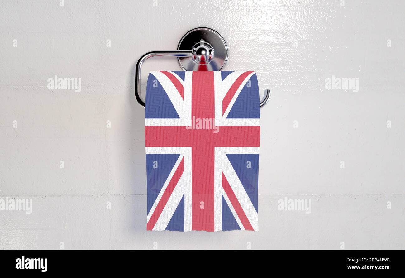 A roll of toilet paper with a print of the british flag hanging on a chrome toilet roll holder