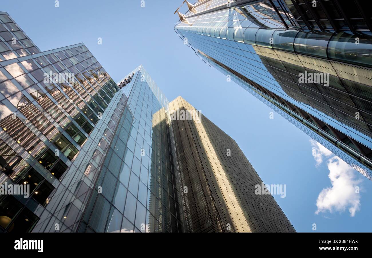 City of London skyscrapers. A low, wide angle view of anonymous modern architecture within the financial heart of the City of London. Stock Photo