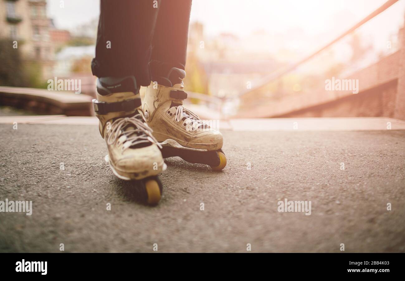 Aggressive roller skates. Riding rollerskates. Closeup of skates Stock