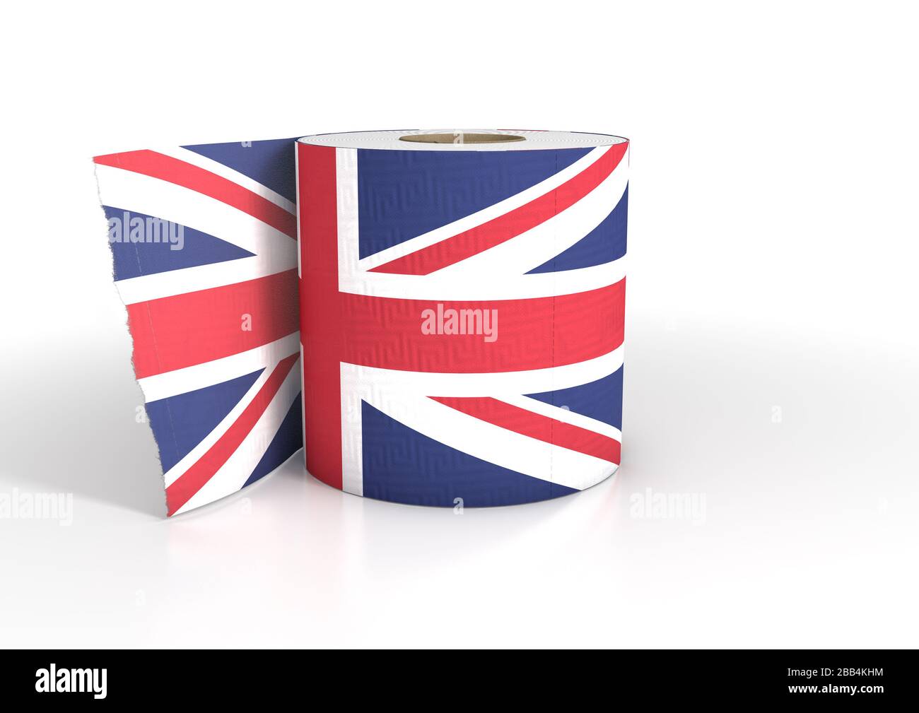 A single roll of toilet paper roll with a print of the union jack flag on it 3D render Stock