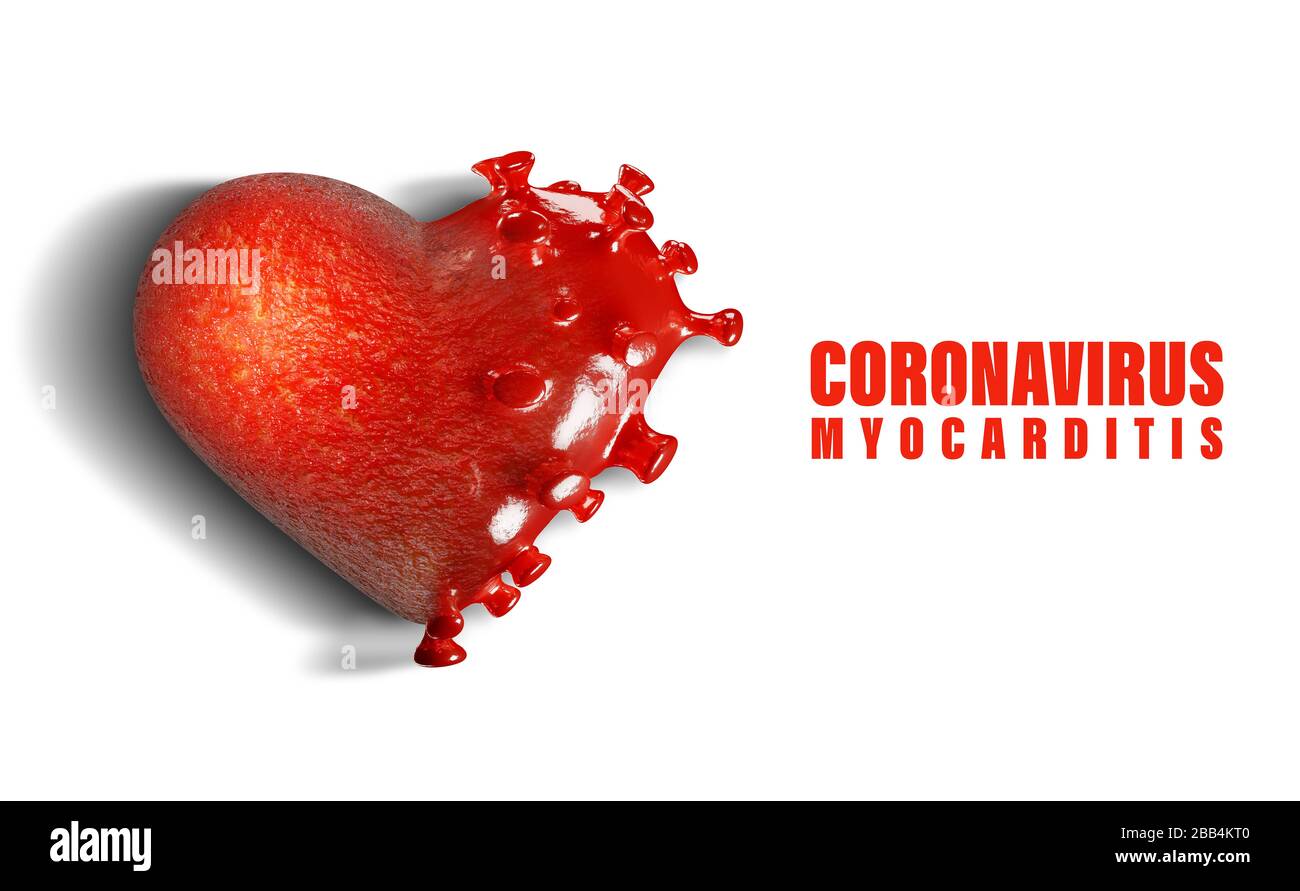 3D render – Concept of healthy and damaged heart by disease called myocarditis or inflammation of the heart muscle caused by Corona virus – Covid-19. Stock Photo