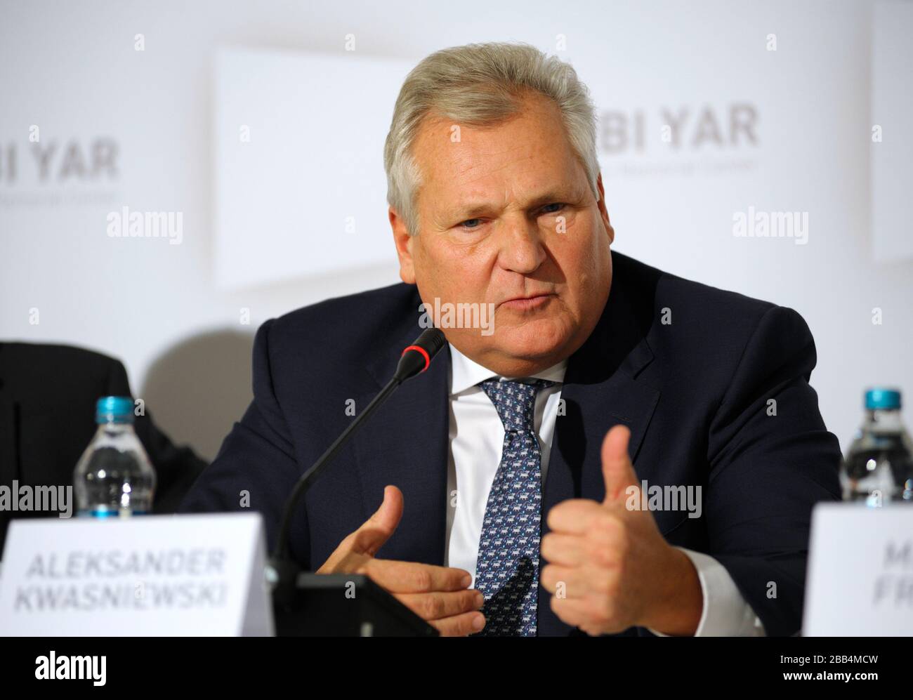 Aleksander Kwasniewski the former President of Poland, keeping speech during press-conference devoted to Memorial center of Holocaust Babi Yar Stock Photo