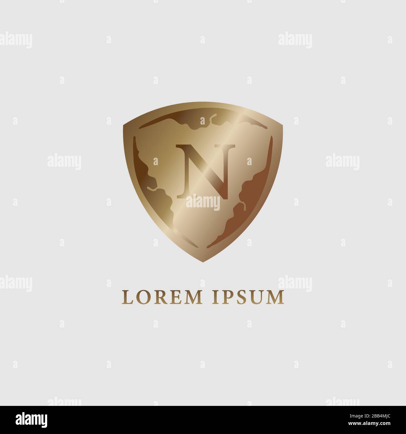 Letter N alphabet logo design template. Luxury gold decorative shield ...