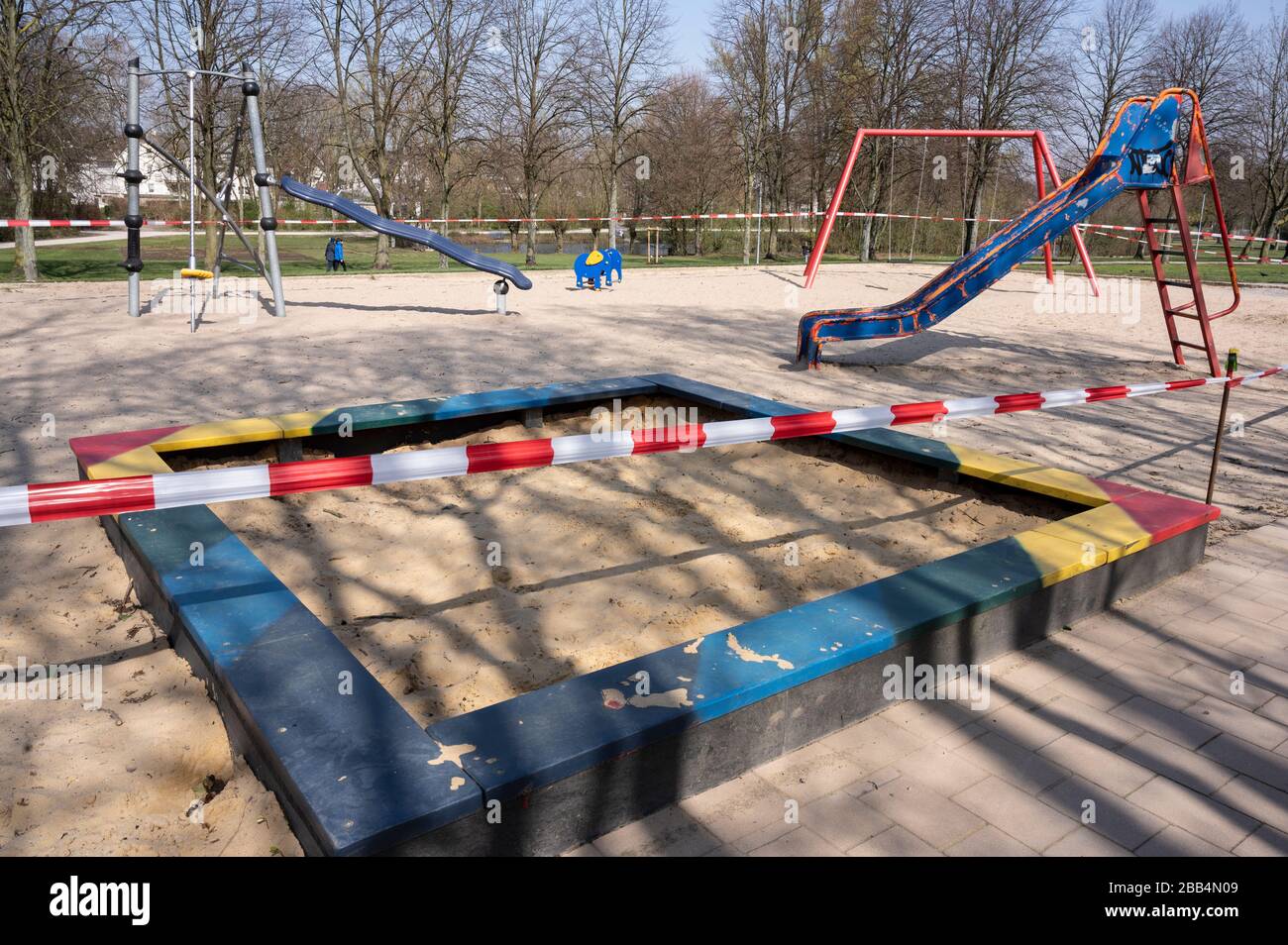 Safety measures: A children's playground is closed to avoid spreading of the virus / covid-19 disease during coronavirus pandemic Stock Photo