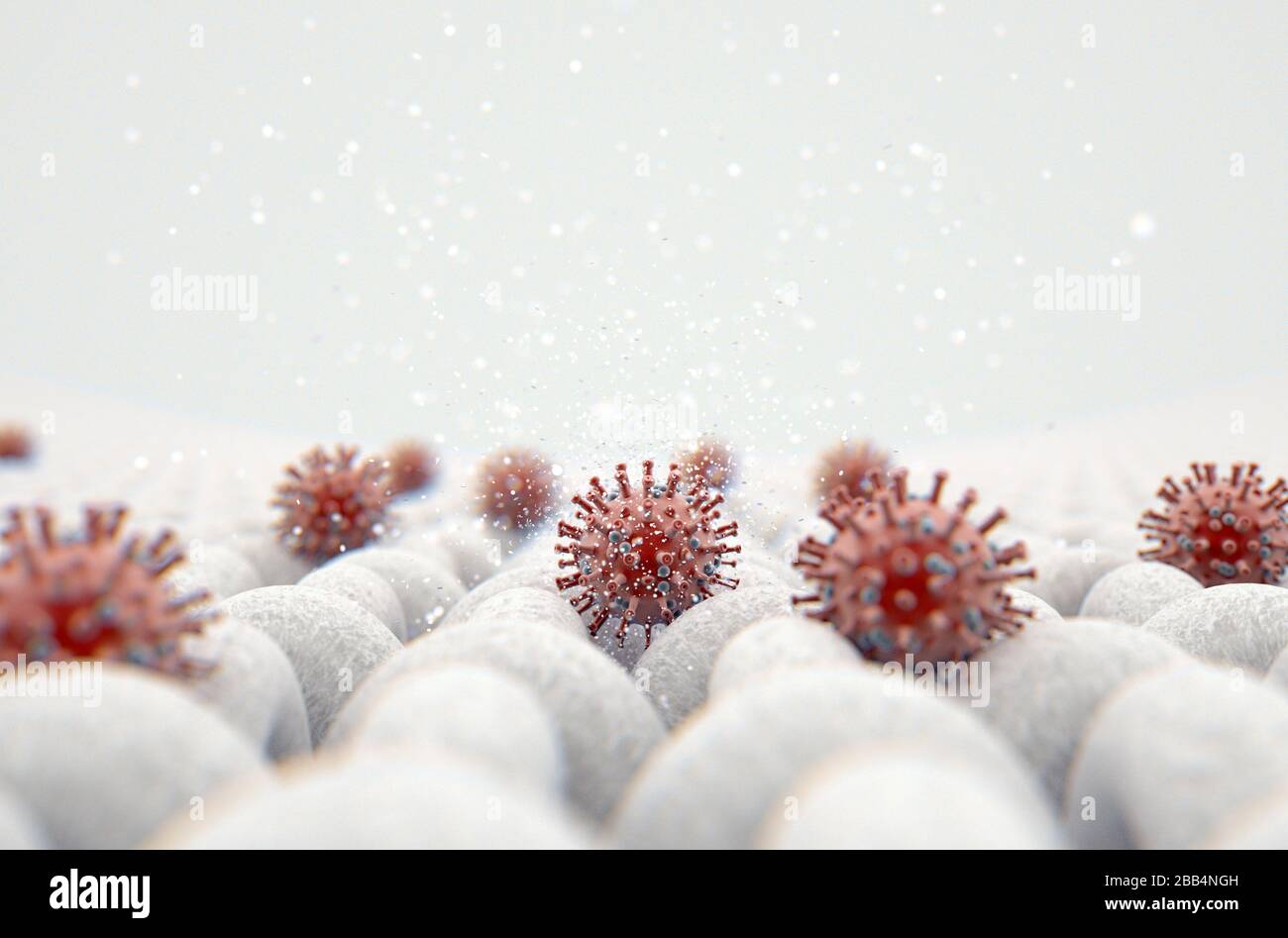 A microscopic close up view of a simple woven textile and a visible red coronavirus particle  - 3D render Stock Photo