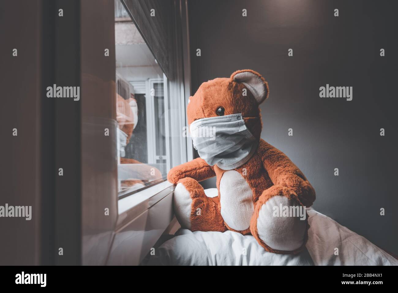 Bear toy with face mask looking out the window from self-isolation home quarantine during the virus outbreak Stock Photo