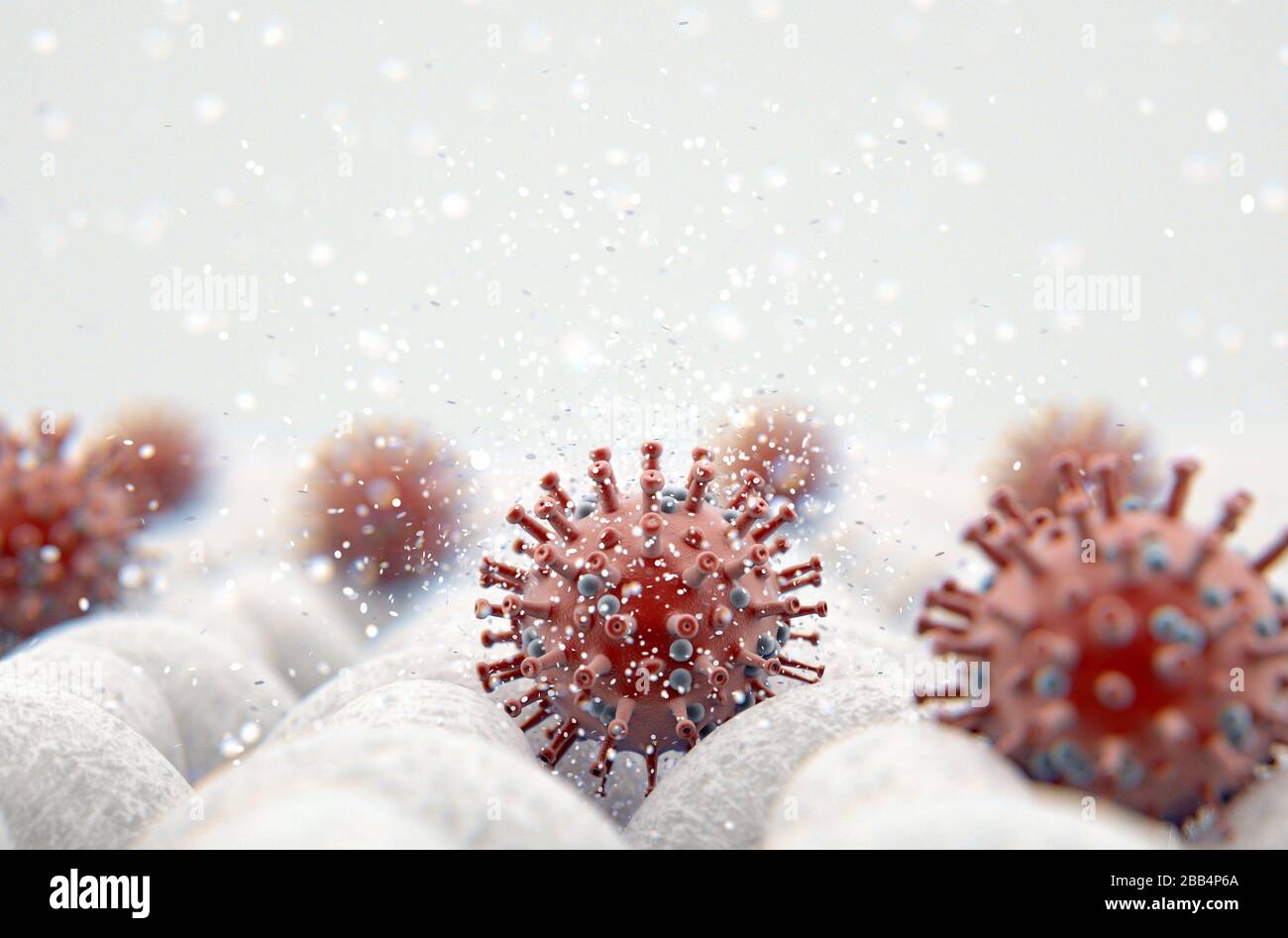 A microscopic close up view of a simple woven textile and a visible red coronavirus particle  - 3D render Stock Photo