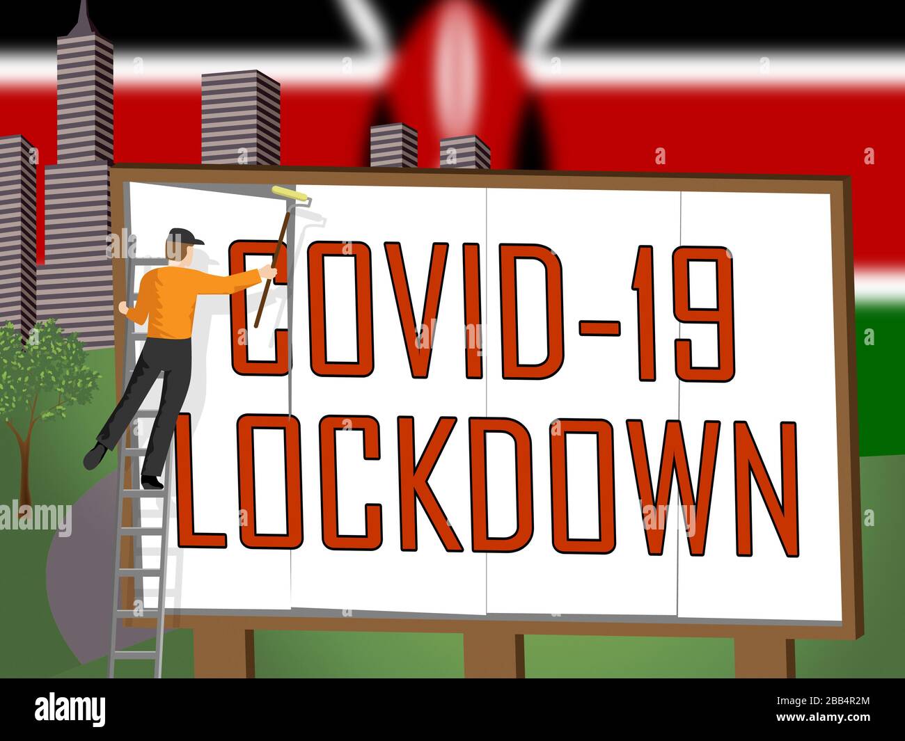 Kenya lockdown sign against coronavirus covid-19. Kenyan stay home order to enforce self isolation and stop infection - 3d Illustration Stock Photo