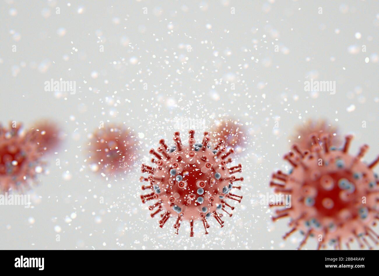 A microscopic close up view of airborne red coronavirus particles  - 3D render Stock Photo
