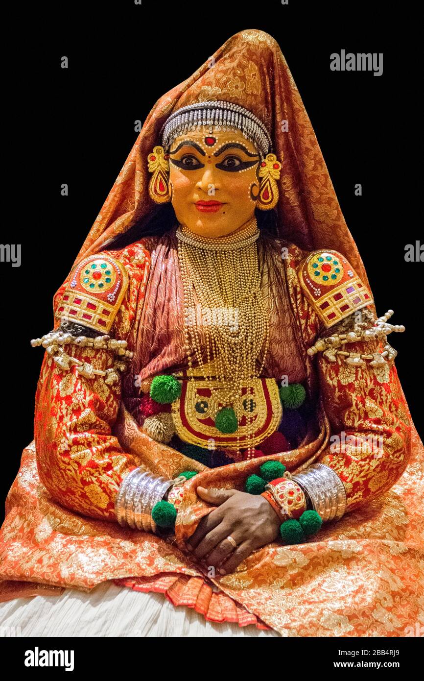 Traditional Kathakali Hindu performer isolated on black background, performance art in Kerala Stock Photo