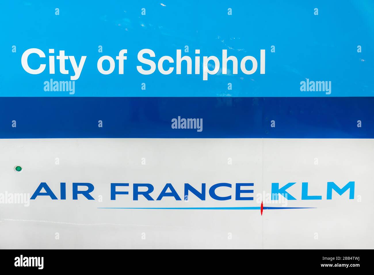 Schiphol, The Netherlands - January 16, 2020:  Side view of a Dutch airplane with the text 'City of Schiphol - Air France KLM' on Schiphol Airport, Th Stock Photo