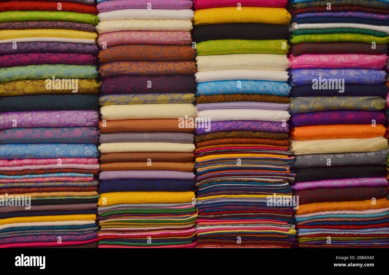 Colorful scarfs at vietnamese market in Hanoi Stock Photo