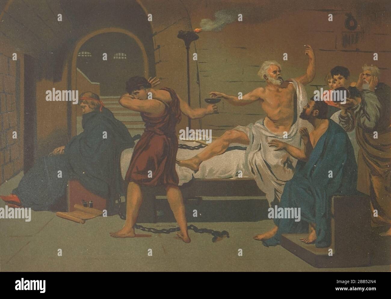 The Death of Socrates, from Jacques-Louis David (1787) La ciencia y sus hombres : vidas de los sabios ilustres desde la antigüedad hasta el siglo XIX T. 1 [Science and it's people Vol 1] by Luis Figuier ; traducción de la tercera edición francesa por Pelegrin Casabó y Pagés ; ilustrada por Armet, Gomez, Martí y Alsina, Planella, Puiggarí, Serra,  Printed in Barcelona in 1879 Stock Photo