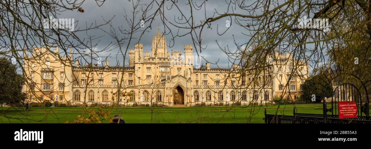A view of St John's College, Cambridge, England through bare autumnal tree branches. Stock Photo