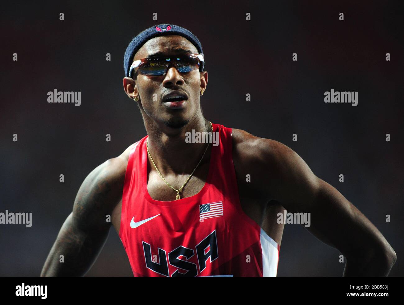 USA's Tony McQuay looks to the big screen after the Men's 400m Final on