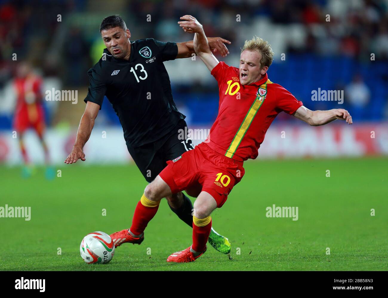 Wales Jonathan Williams Is Tackled By Republic Of Ireland S Jonathan Walters Left During The International Friendly At Cardiff City Stadium Cardiff Stock Photo Alamy