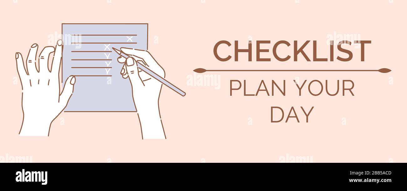 Checklist, plan your day banner design template with text space. Hands holding pencil and making wishlist, checklist, shopping list, plan to do vector cartoon outline illustration. Stock Vector