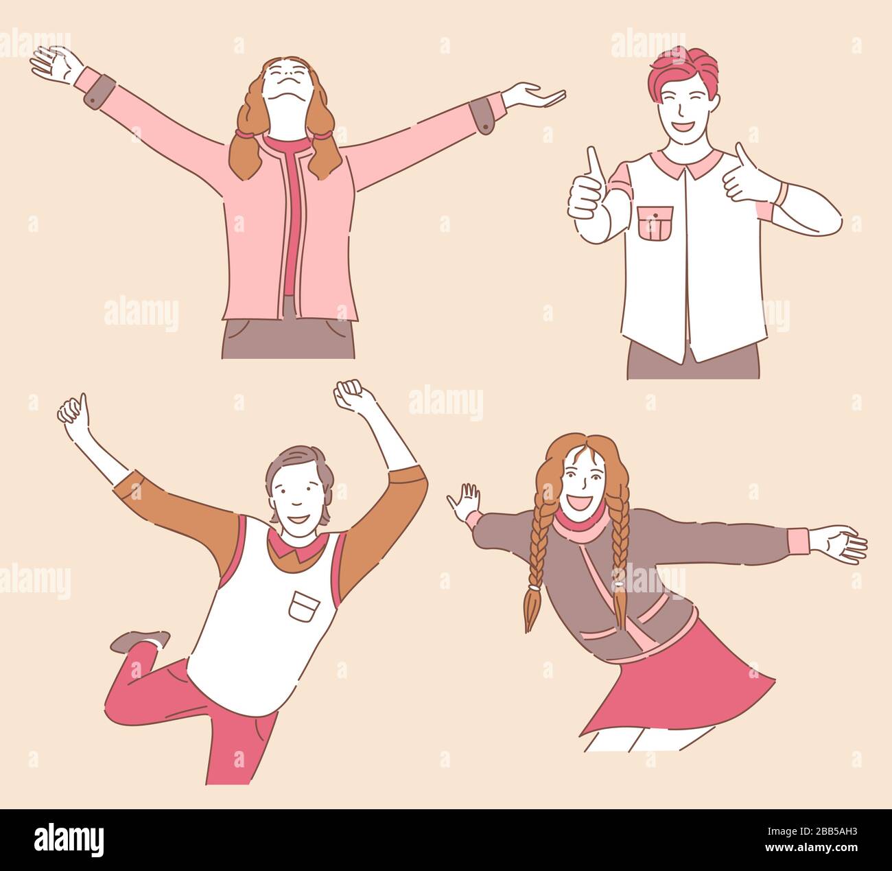 Group of happy smiling young people in casual clothes dancing, enjoying, showing thumbs up and standing with open arms for hug. Cheerful expressions, men and women vector outline characters. Stock Vector
