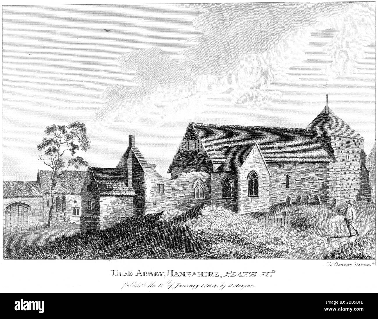 An engraving of Hide (Hyde) Abbey Hampshire 1784 scanned at high resolution from a book published around 1786. Believed copyright free. Stock Photo