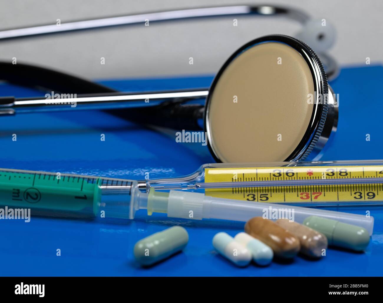 Health care, medication and medical equipment in a close-up Stock Photo