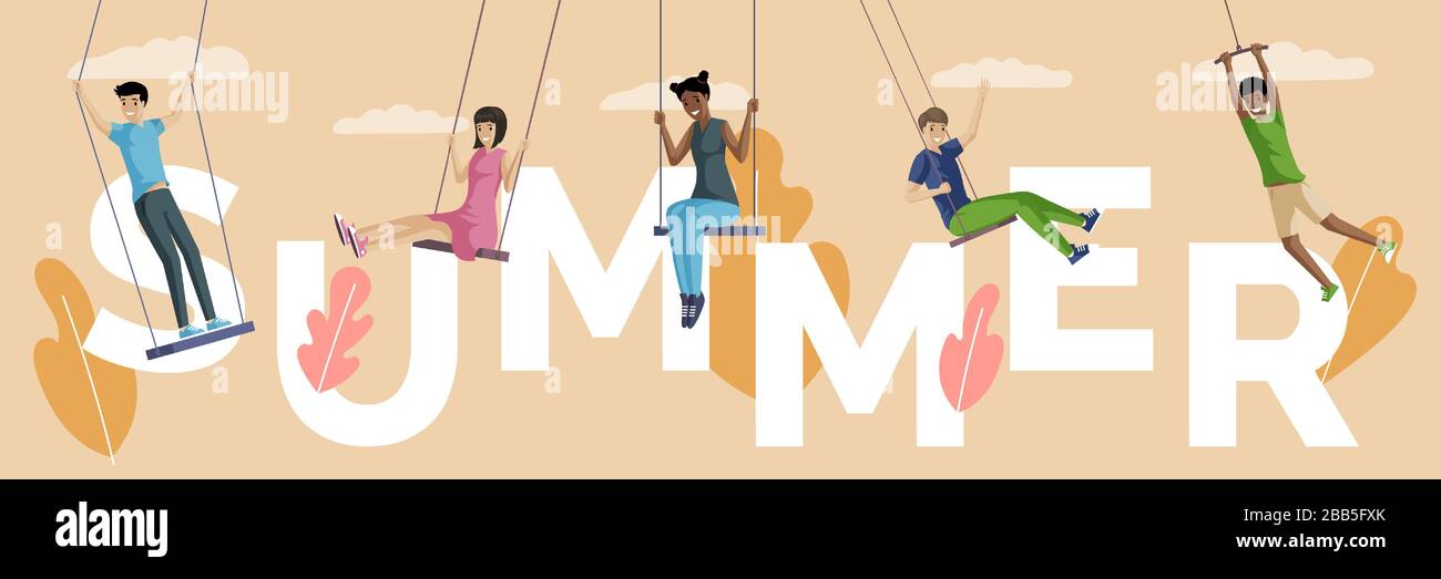 Summer word banner template. People sitting and standing on swings and ...