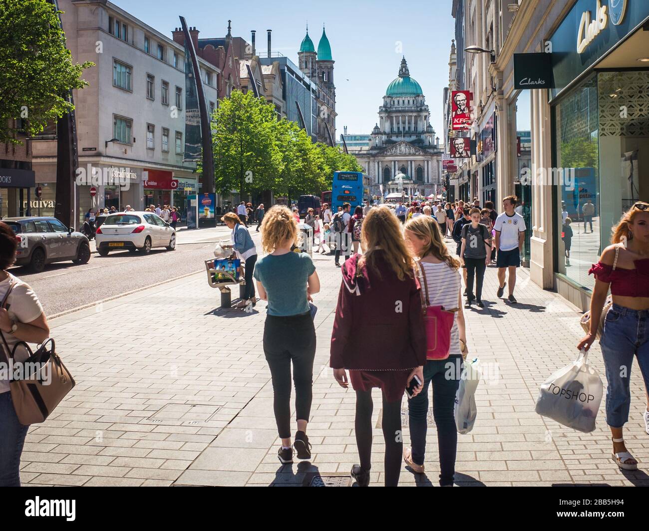 BELFAST, NORTHERN IRELAND- Belfast shopping high street- people walking and  relaxing in central Belfast shopping area Stock Photo - Alamy