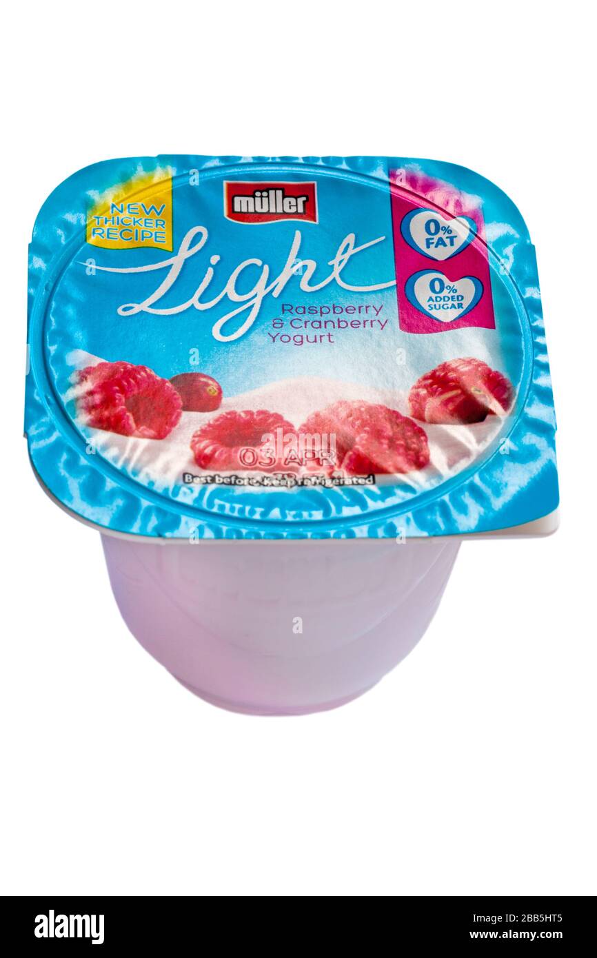 pot of Muller Light raspberry & cranberry yogurt new thicker recipe isolated on white background