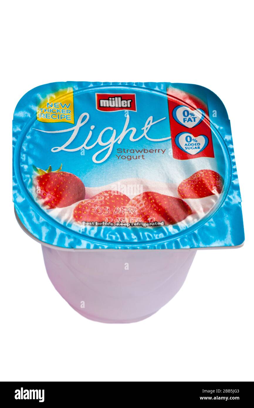 pot of Muller Light strawberry yogurt new thicker recipe isolated on white background Stock