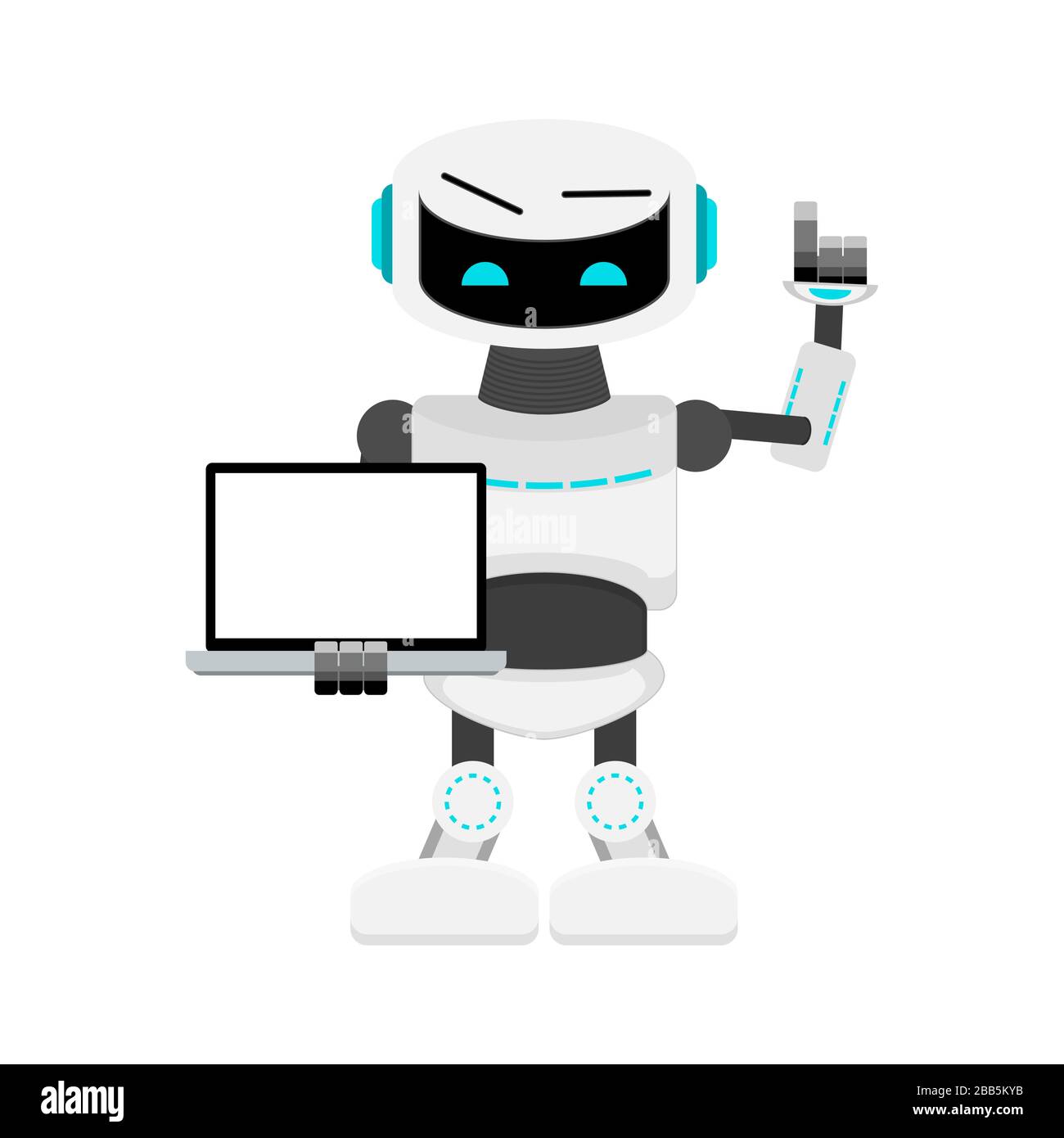 Robot show message on laptop. Presentation android technology, futuristic robotic, electronic computer with palce for text. Vector illustration Stock Vector