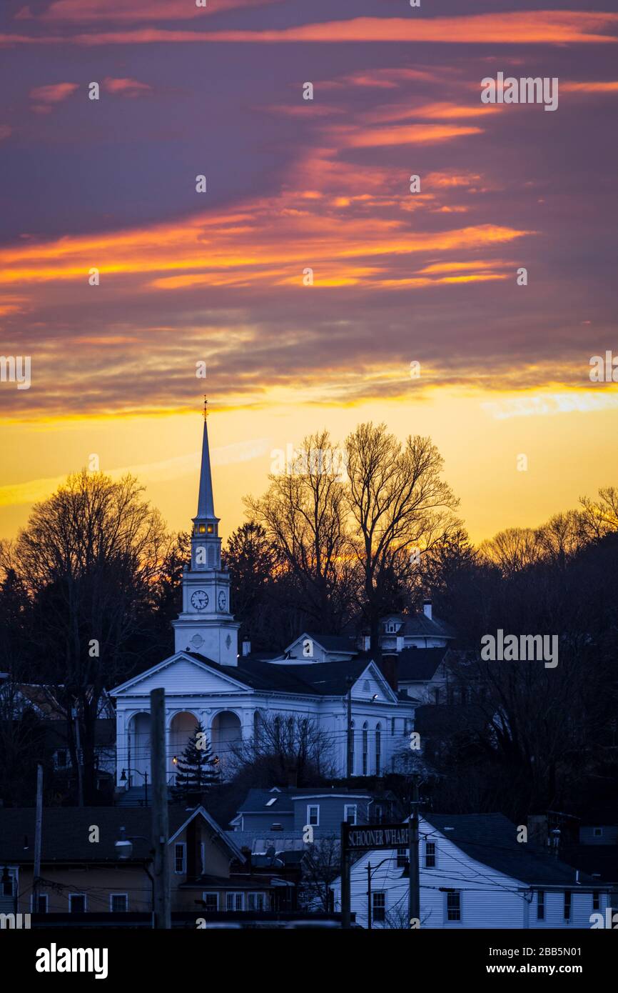 Sunset view of Union Baptist Church sihouetted under colorful evening skies Stock Photo