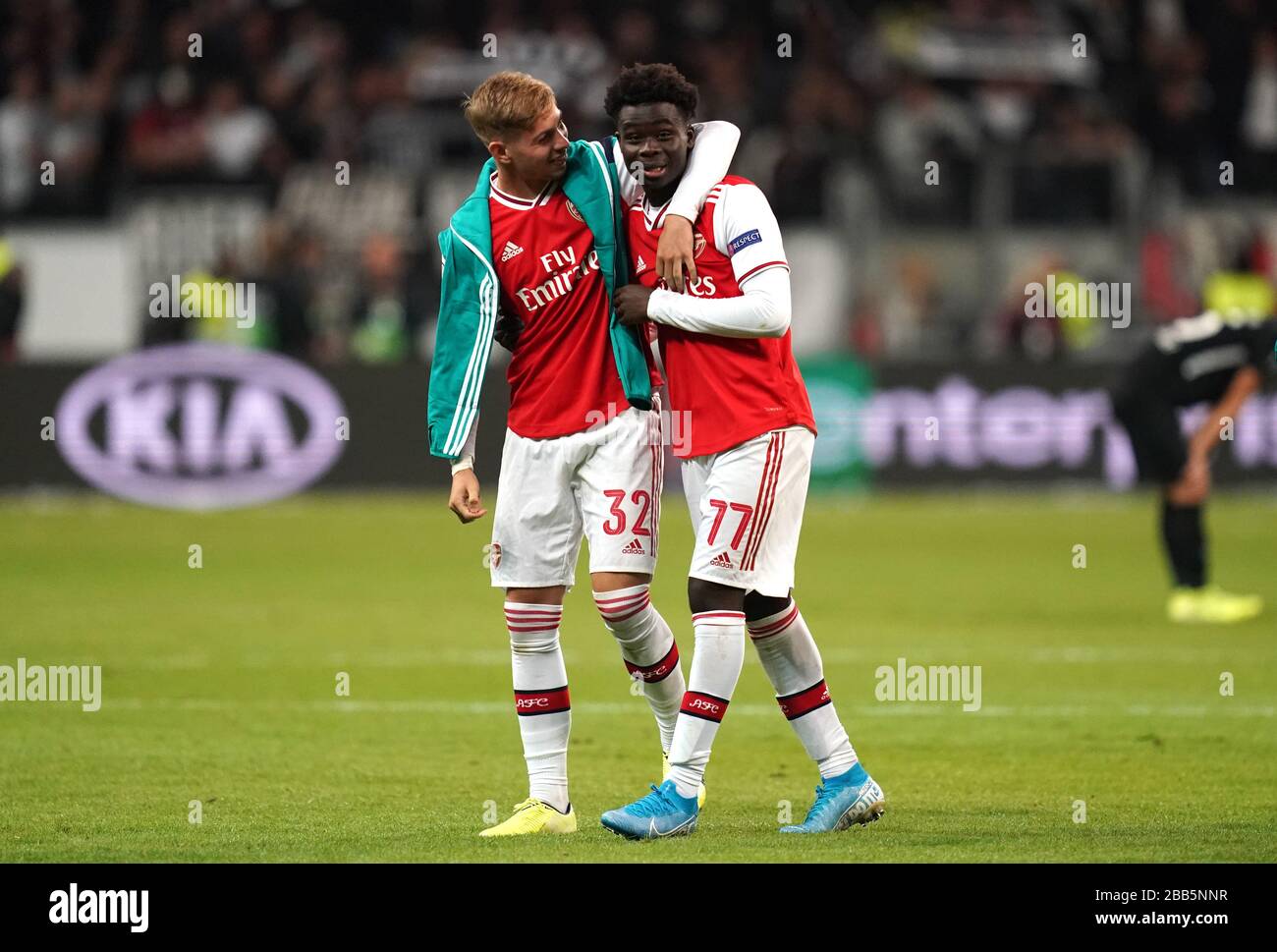 Arsenal's Emile Smith Rowe and Bukayo Sako celebrate after the final  whistle Stock Photo - Alamy