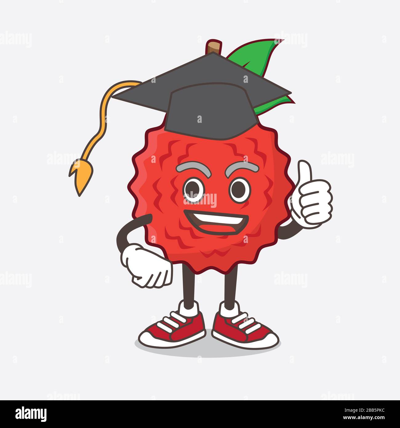 An illustration of Lychee Fruit cartoon mascot character in a black Graduation hat Stock Photo