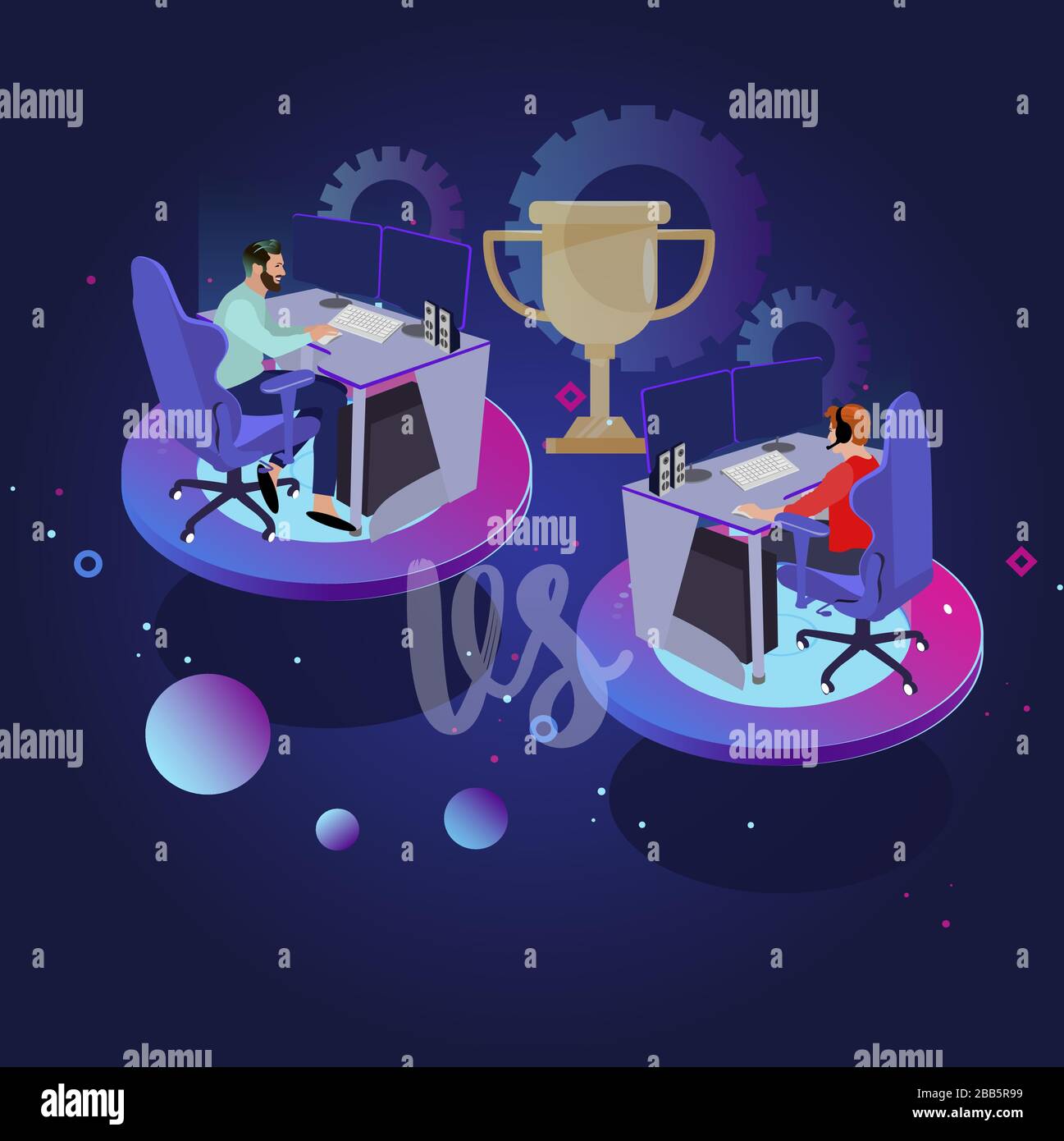 Cyber game competition. Gamer competing. Cyber championship professional, gamer esport competition, game tournament contest, vector illustration Stock Vector